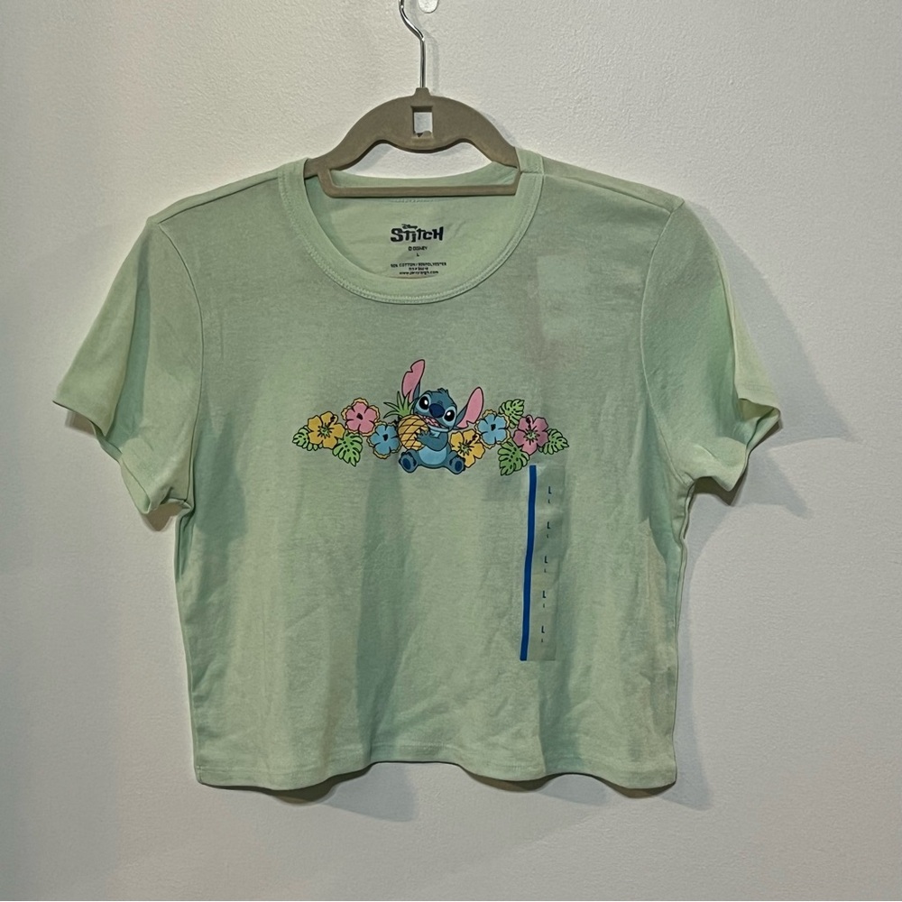 Disney Women's cropped Stitch Mint Green Top T Shirt Juniors Size L